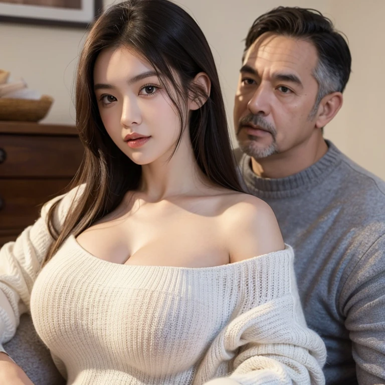 Big breasted girl in knit and her dad