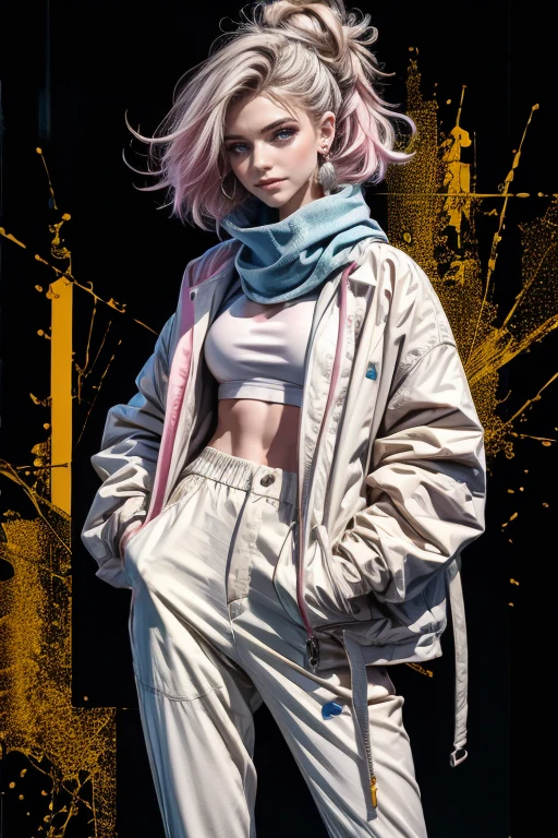 highest quality, Very detailed, masterpiece, 1 person,woman,(((完璧なwomanの体))),Very beautiful face, Very beautiful body,Gentle expression, Very beautiful eyes,(Perfect Makeup:1.1),Fashion Model,Cyberpunk Fashion,Wolf Cut Hair,Shaggy Hair,Fluorescent pink and blue hair:1.3, Very thin body,Smart Abs, Cool colors,宇宙Clothes,Two-tone high-top sneakers,A kind smile,Full body portrait,(Street background:1.3), (Shiny skin),(Earrings),Monogram pattern,Gradient Graphics,neon,Clothes,scarf,