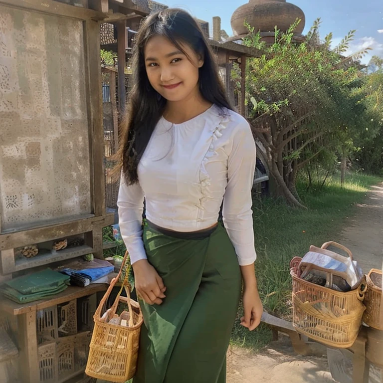 a beautiful girl with cute dimples, smiling, wearing
burmese dress, walking in Bagan's street, 
ACMM LS OUTFIT, WEARING ACMM TOP OLIVE
GREEN ACMM TOP; LONG SLEEVES, WEARING
ACMM LONG SKIRT, OLIVE GREEN ACMM LONG
SKIRT, PRINTED SKIRT
OUTDOORS, SCENERY, TRADITIONAL MEDIA,
SKY, DAY, PHOTO BACKGROUND, REAL WORLD
LOCATION, ARCHITECTURE, NATURE, RUINS
LANDSCAPE, BAGAN ANCIENT PAGODA
BACKGROUND