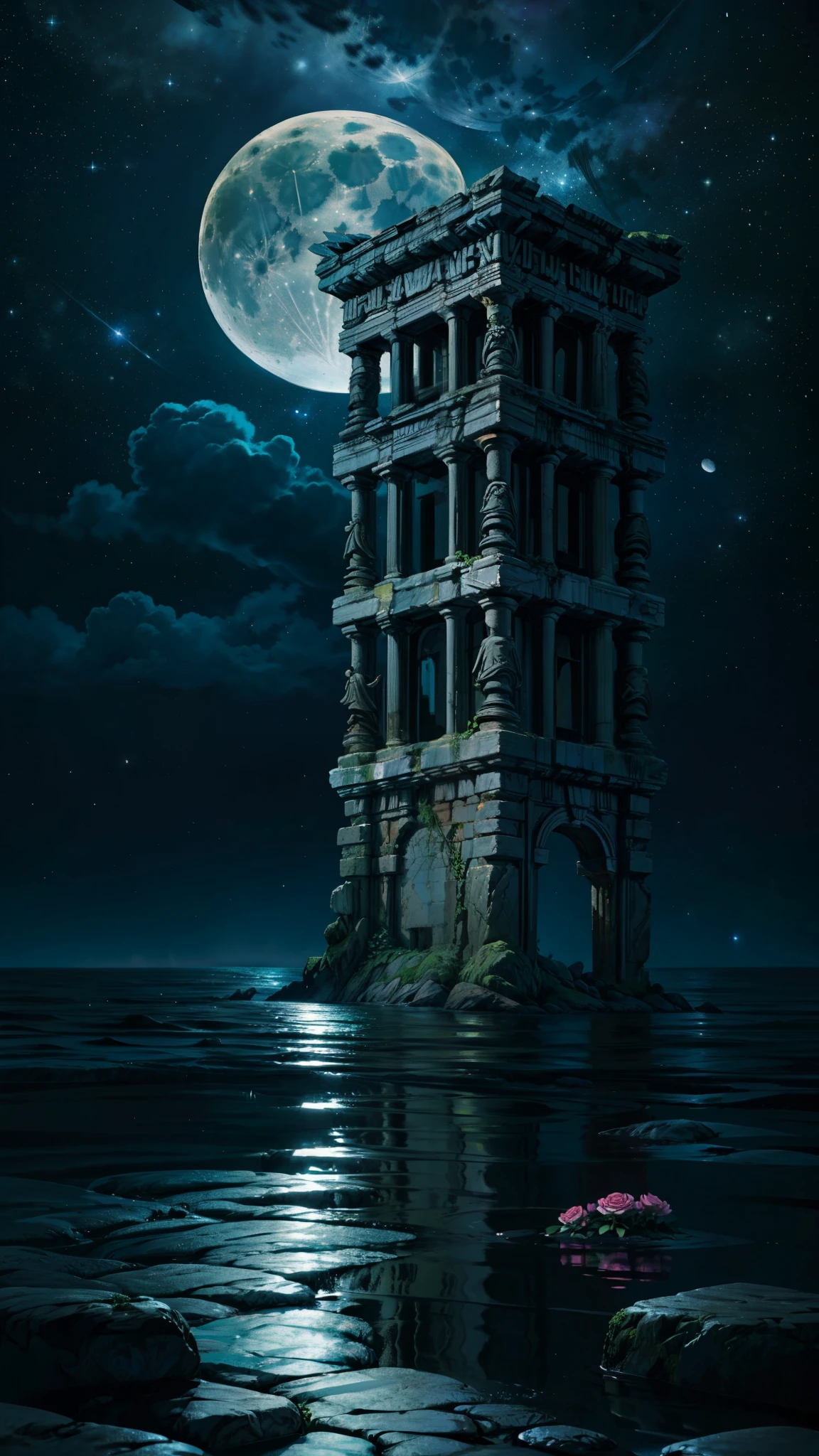 (obra de arte, melhor qualidade:1.2), (high resolution, abstrato:1.1), ultra detalhe, ruinas gregas, Ancient Greece, oceano e flores rosas iluminadas na frente ultra detalhadas, galaxy sky with stars and an ultra detailed moon, uma cascata vindo de um buraco negro