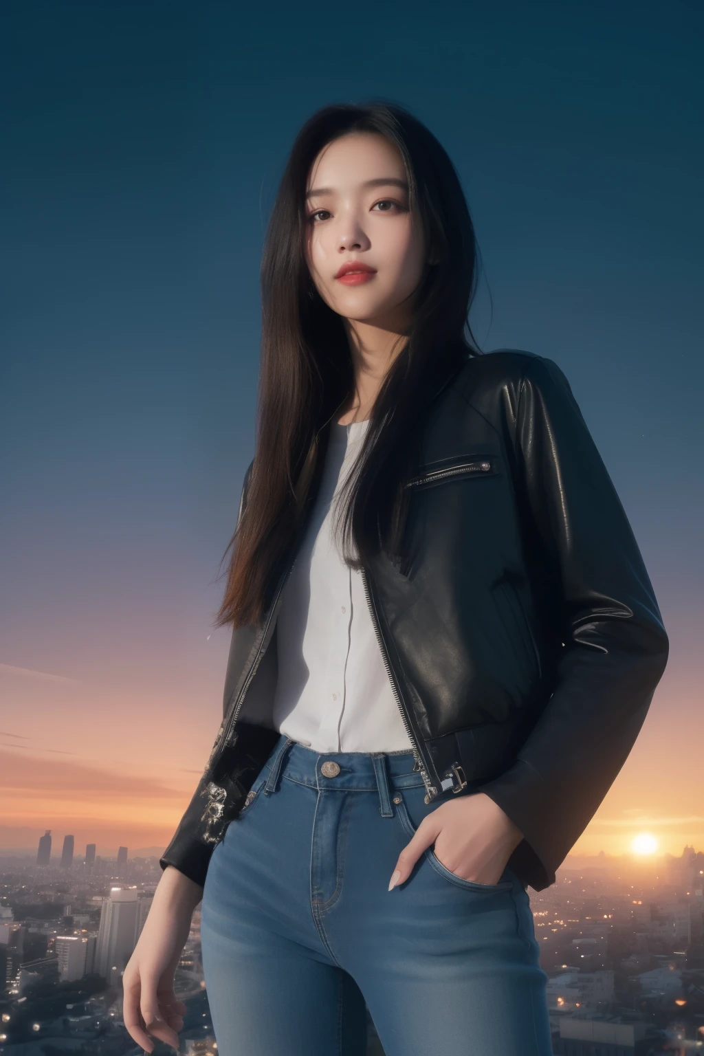 (masterpiece), Close Range，High Detail, high quality, Reality, Super detailed, Realistic skin texture, Perfect face, Elegant girl,Put your hands in your pockets，Smile, (Full details Tuxedo leather jacket，Skinny jeans，reflected light, Silver trim), White neon light, silver light, luminescent, Full lips, Glossy lips, Light makeup, hourglass body shape, Willow Waist, (Feel free to hairstyle, Expressive hair, Shiny hair, luminescent hair,black hair, (dusk sky, Mountain network construction,On the roof, Sunset Lights, cloud, Floating Island，There are many types of network architectures，Sci-fi background, High Detail background), Fantasy Art, high quality detailed art, A colorful combination of fantasy and reality, Internet Art Style, A beautiful fantasy smart girl, charming, Black and white color scheme, Standing ,Looking down from above，You can see the city below,