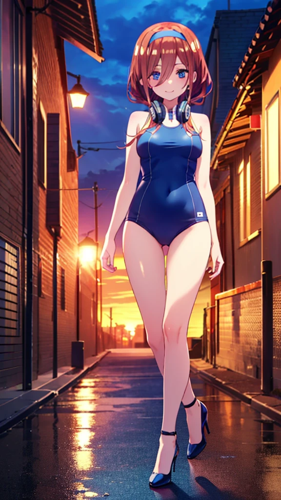 (full body),Miku Nakano, Miku Nakano, Long Hair, bangs, blue eyes, Brown Hair,,Blue Hairband ,Hair between the eyes, happy smile, smile, Open your mouth,Headphones around the neck,Blue competitive swimsuit，Stiletto heels,Too,sunset,evening,Too陽が沈んでいる, It&#39;s as if your whole body is in the illustration.,Looking up from below,
break outdoors, city,construction area,
break looking at viewer,  (Cowboy Shot:1. 5)
break (masterpiece:1.2), highest quality, High resolution, unity 8k wallpaper, (shape:0.8), (Beautiful details:1.6), Highly detailed face, Perfect lighting, Highly detailed CG, (Perfect hands, Perfect Anatomy),