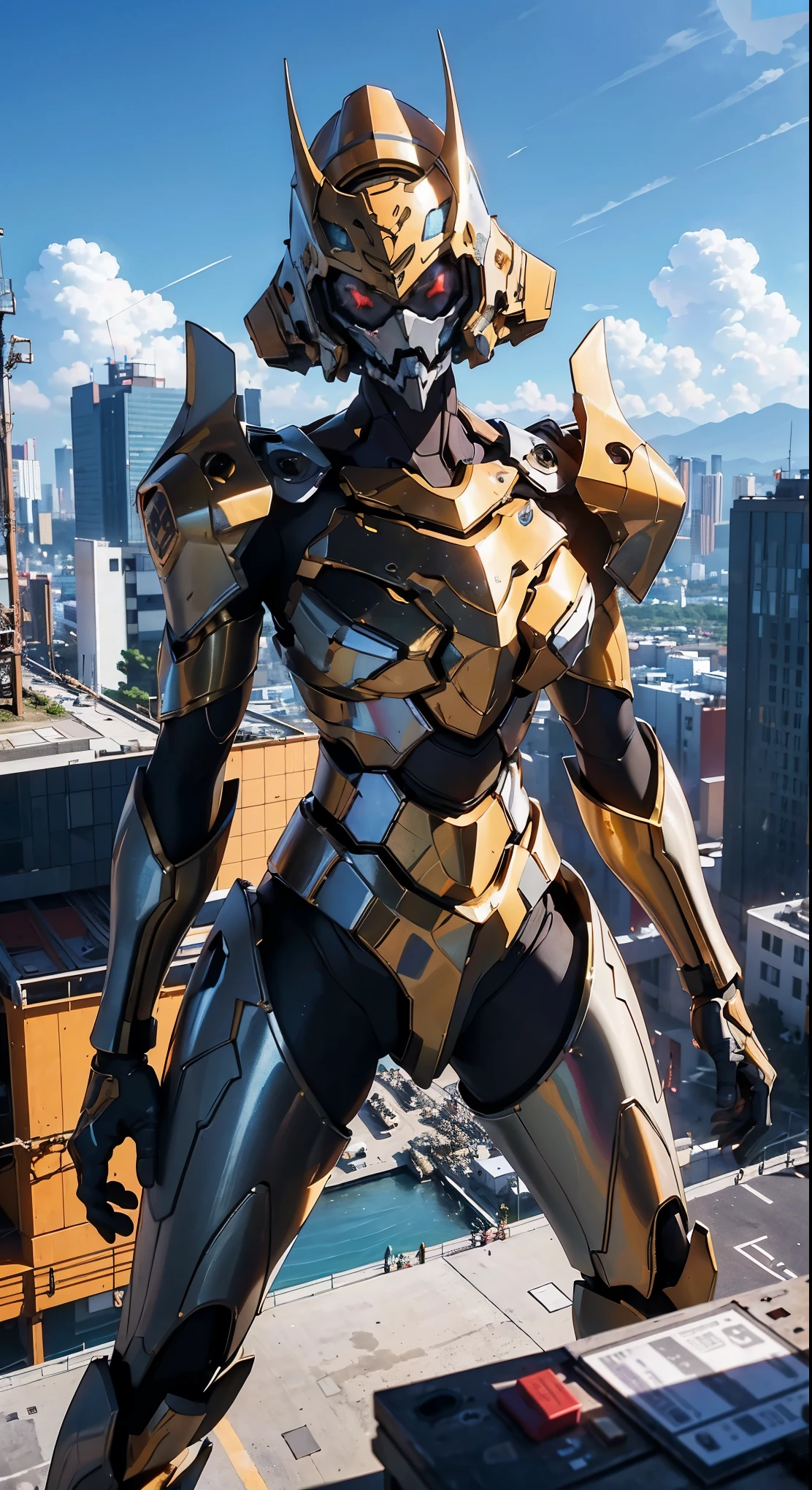 (best quality, 4k, highres, ultra-detailed, realistic:1.37), HDR, bright lighting, vibrant colors, massive machinery, enormous humanoid robot, breathtaking view from the top of a building, intricate cable network attached to the back, bustling city of Tokyo, meticulous attention to detail, lifelike rendering of the organic body, slender figure, metallic armor shining on top.