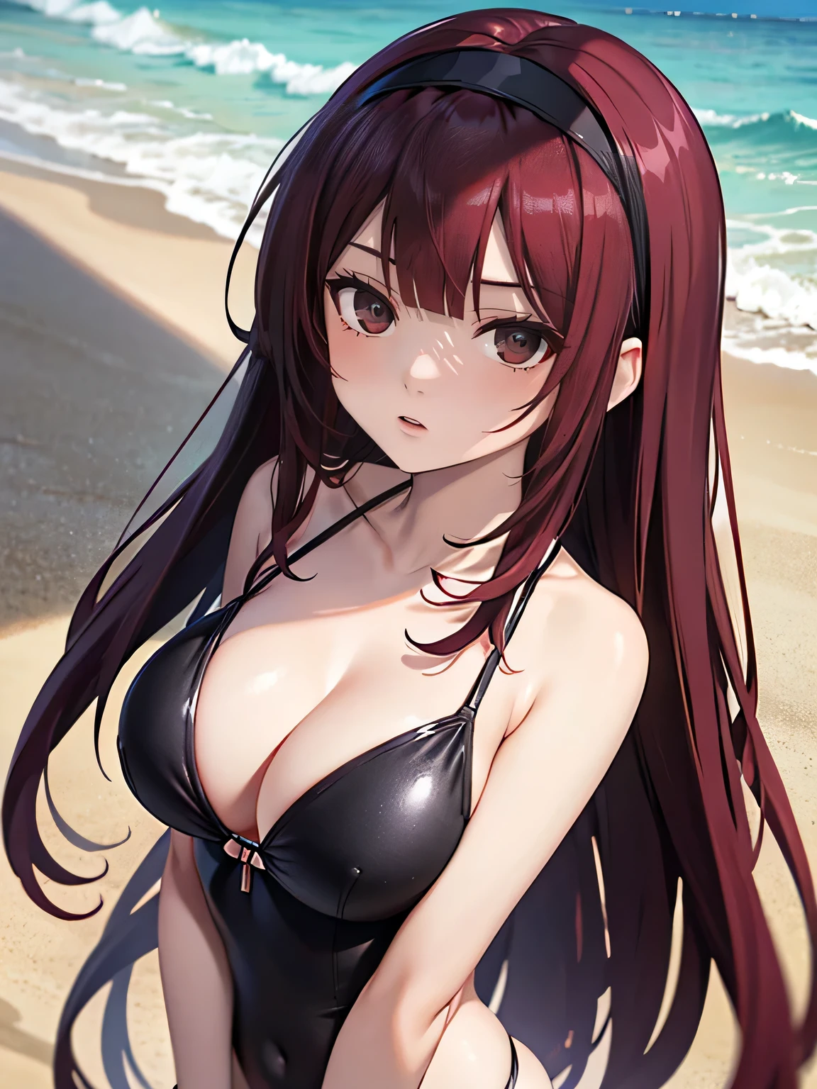 Burgundy hair, long hair, medium chest, red floaty, light gray eyes, sharp eyes, bangs, black hairband, biridere, straight face, large chest, sharp irises, outside, day, black swimsuit, tall, beach, black bikini