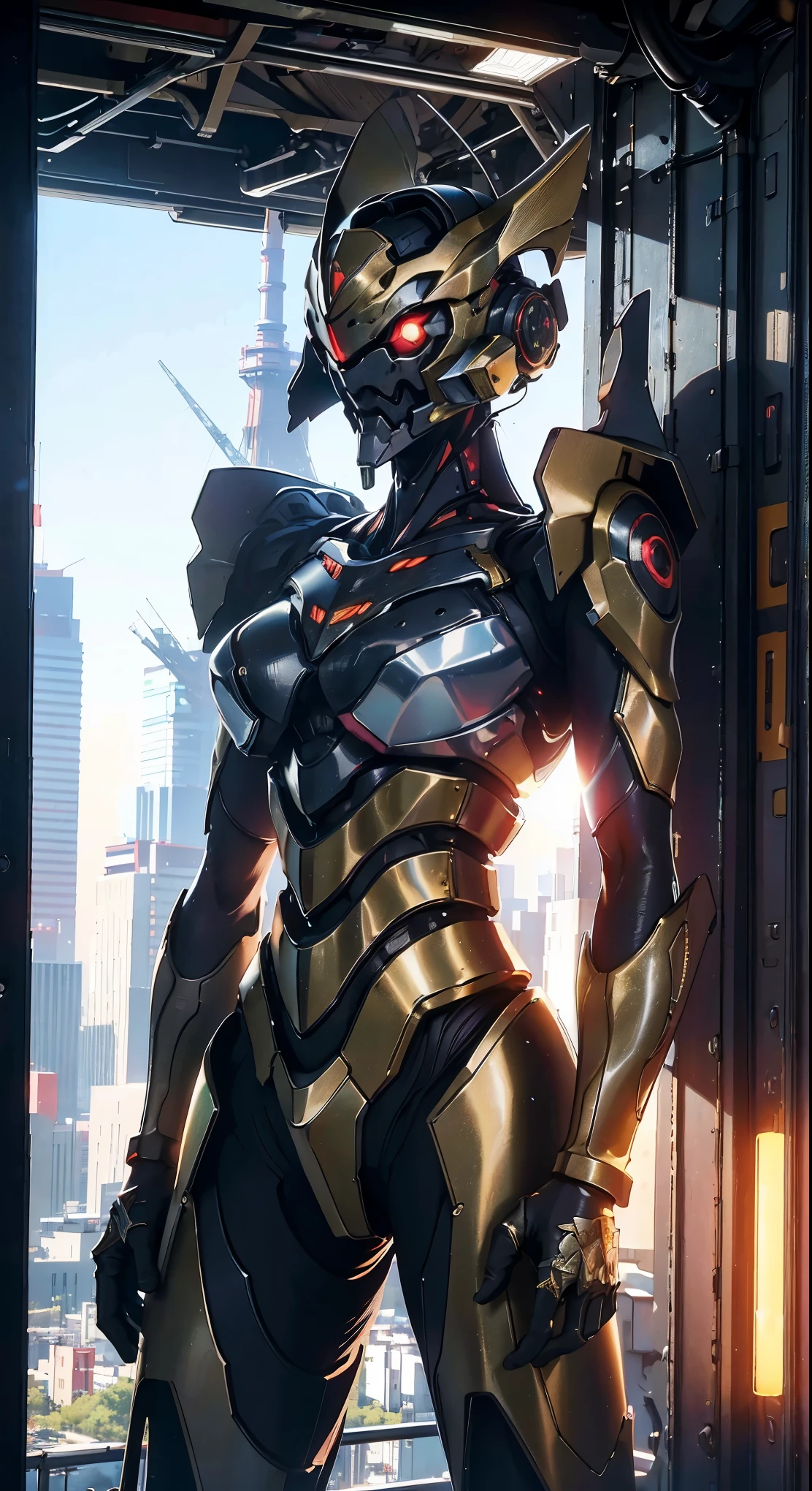 (best quality, 4k, highres, ultra-detailed, realistic:1.37), HDR, bright lighting, vibrant colors, massive machinery, enormous humanoid robot, breathtaking view from the top of a building, intricate cable network attached to the back, bustling city of Tokyo, meticulous attention to detail, lifelike rendering of the organic body, slender figure, metallic armor shining on top.
