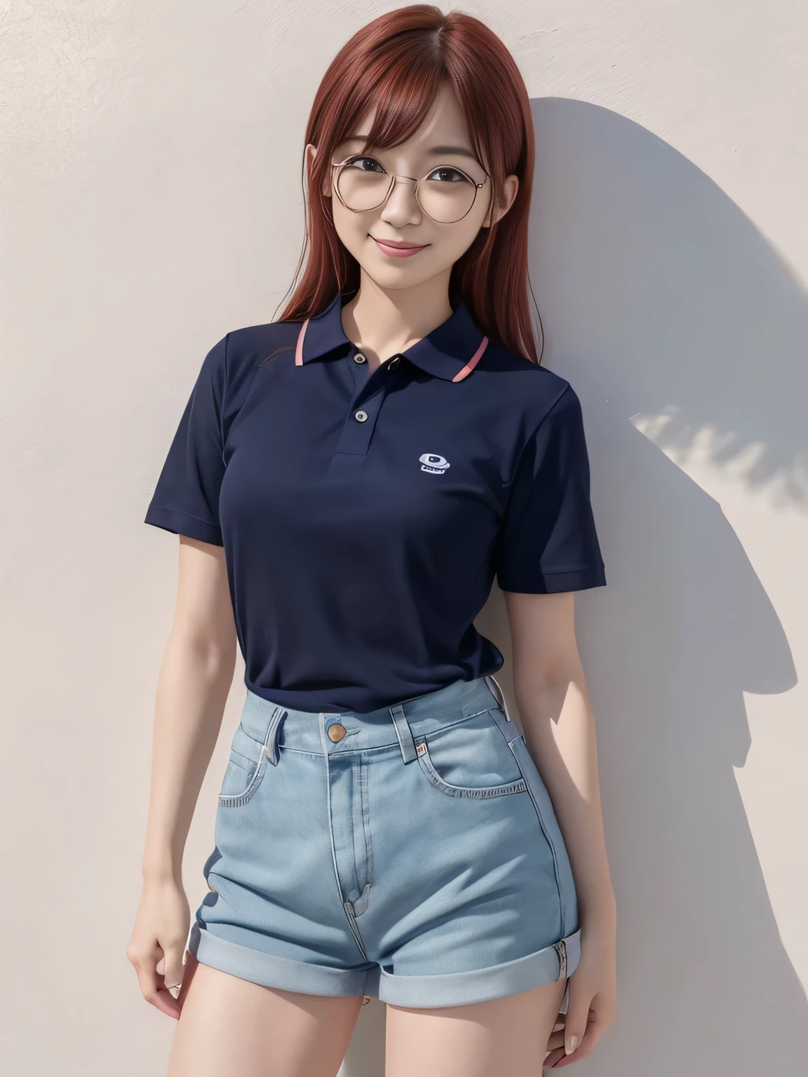 one person、one person、A 17-year-old high school girl poses for a photo in a navy blue polo shirt and navy blue shorts.、victory、Tsundere、Wearing thin, round glasses、smile、Saucy、Red Hair、small、Slim girl model photo、body:Female Model、Japanese female fashion model、(8K、Raw photo、Best image quality、masterpiece:1.2)、(Genuine、photoGenuineistic:1.37)、Ultra-high resolution、Ultra-high resolution、Standing position、whole body、((((sexy)))、Pink wall、Shapely small breasts