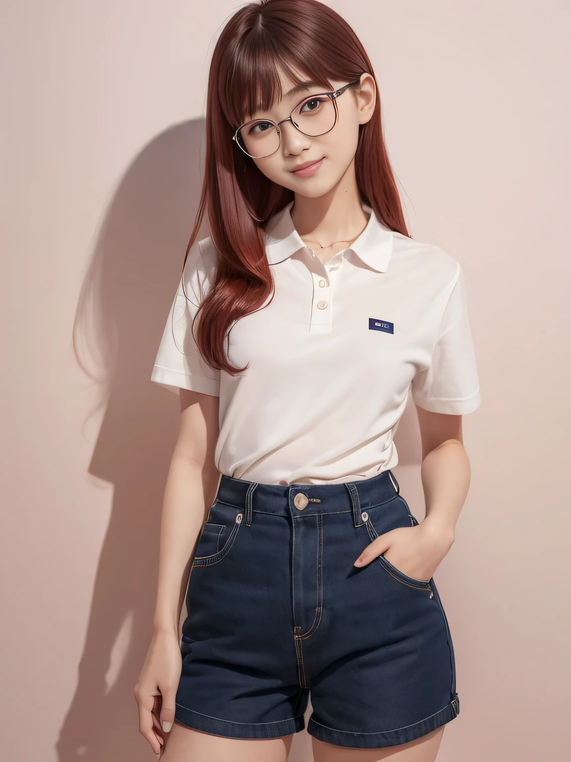 one person、one person、A 17-year-old high school girl poses for a photo in a navy blue polo shirt and navy blue shorts.、victory、Tsundere、Wearing thin, round glasses、smile、Saucy、Red Hair、small、Slim girl model photo、body:Female Model、Japanese female fashion model、(8K、Raw photo、Best image quality、masterpiece:1.2)、(Genuine、photoGenuineistic:1.37)、Ultra-high resolution、Ultra-high resolution、Standing position、whole body、((((sexy)))、Pink wall、Shapely small breasts