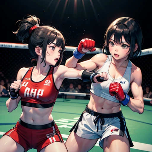 During a match in a mixed martial arts ring、A cute Japanese is punching an opposing female athlete、Short black hair、I'm in a hurry、Slender body、Shortness of breath with open mouth、Very sweaty and wet、Poor body、small bust sports bra、High leg shorts、Open Finger Gloves