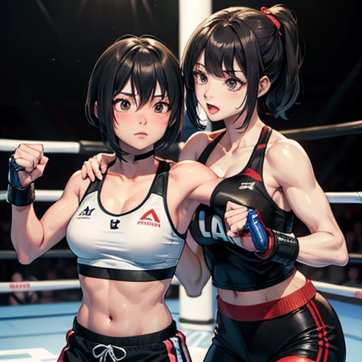 During a match in a mixed martial arts ring、A cute Japanese is punching an opposing female athlete、Short black hair、I'm in a hurry、Slender body、Shortness of breath with open mouth、Very sweaty and wet、Poor body、small bust sports bra、High leg shorts、Open Finger Gloves