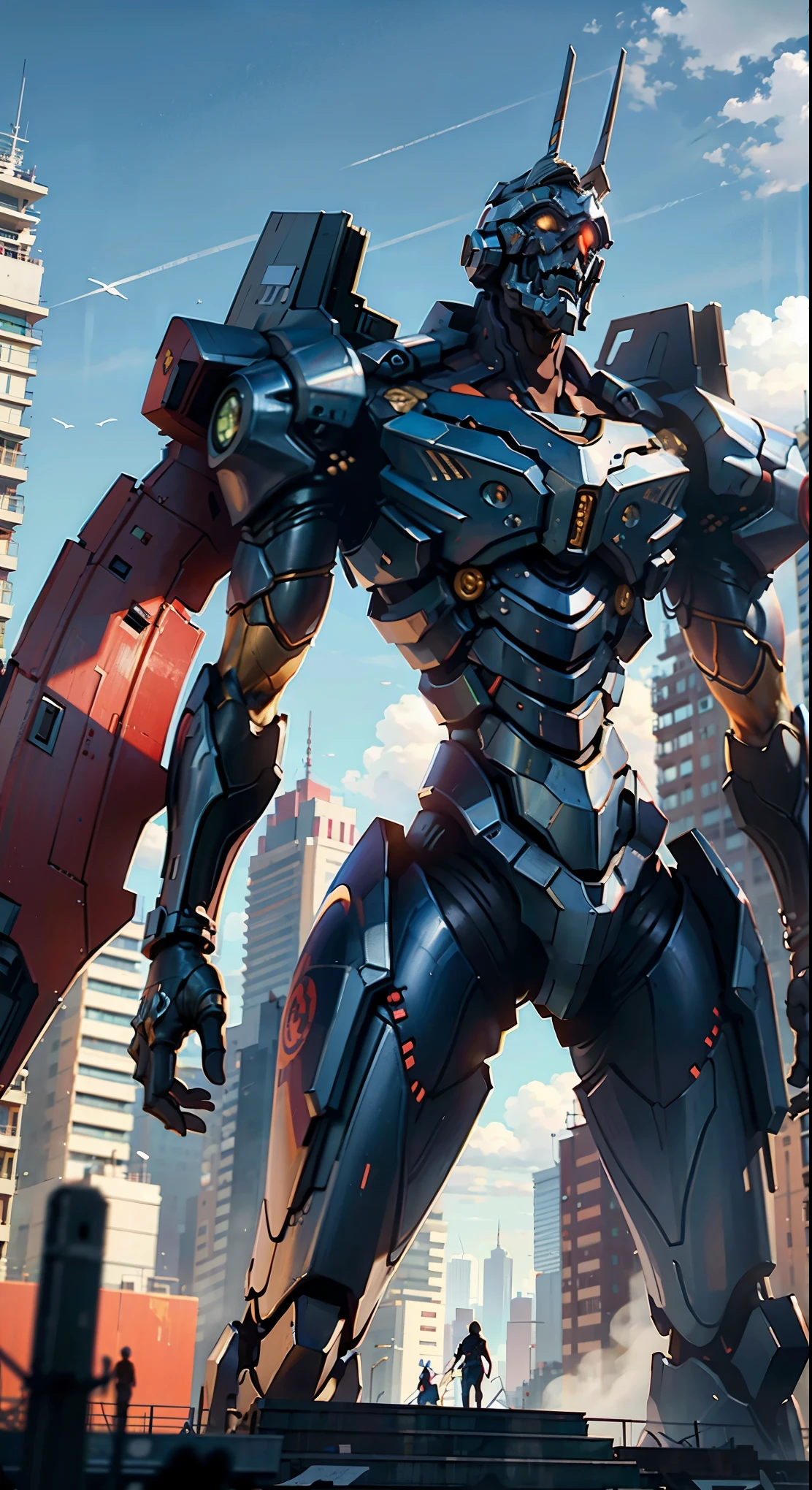 (best quality, 4k, highres, ultra-detailed, realistic:1.37), HDR, bright lighting, vibrant colors, massive machinery, enormous humanoid robot, breathtaking view from the top of a building, intricate cable network attached to the back, bustling city of Tokyo, meticulous attention to detail, lifelike rendering of the organic body, slender figure, metallic armor shining on top.