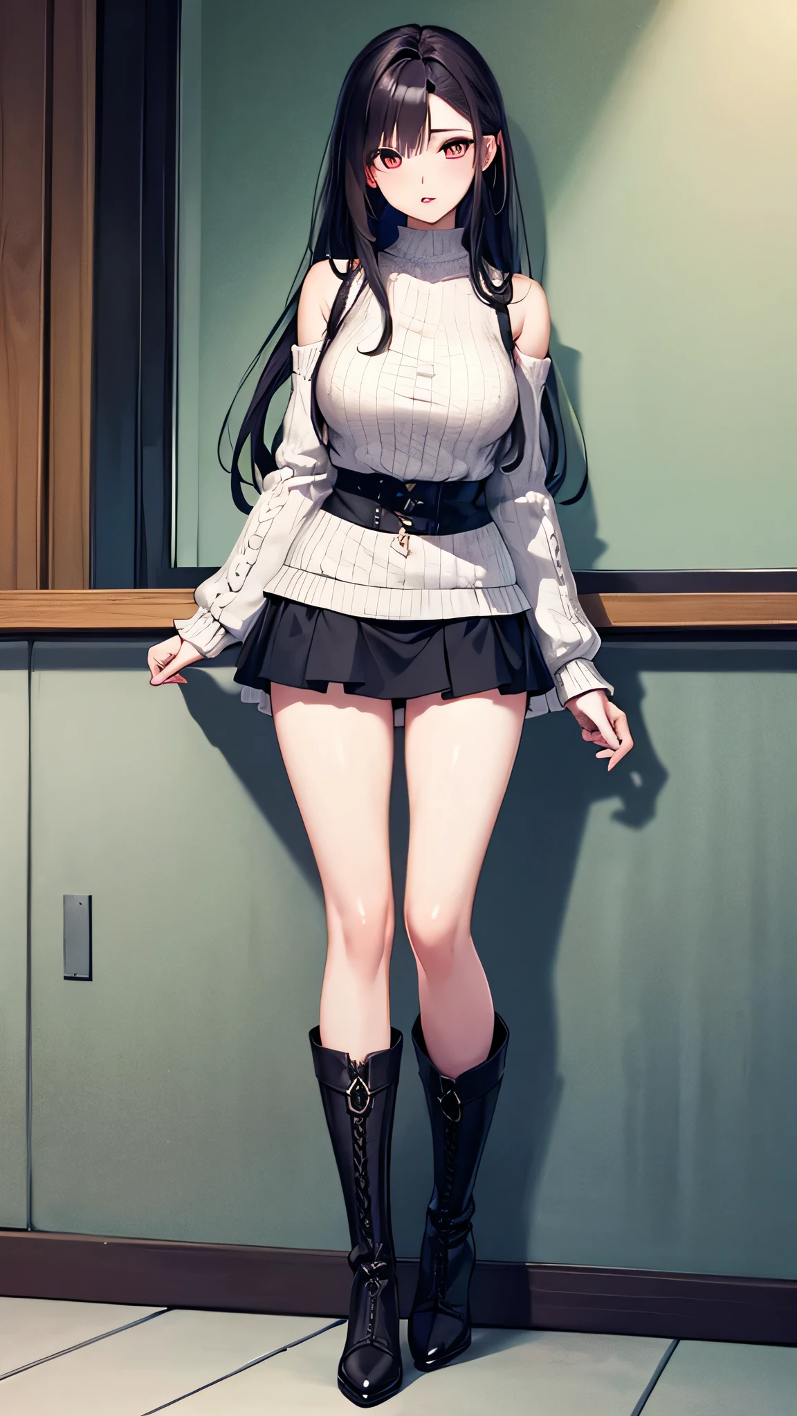 A woman in a short skirt and boots standing in front of a wall - SeaArt AI
