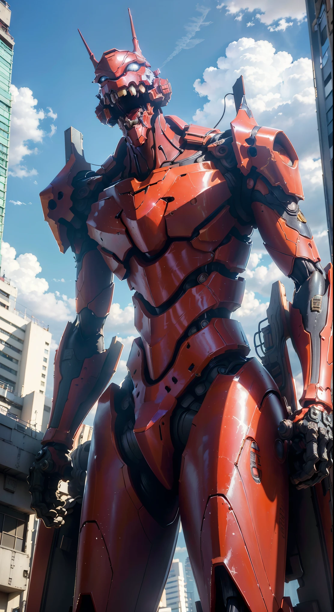 (best quality, 4k, ultra-detailed, highres, masterpiece:1.2), robotic humanoid giant (Eva 02) standing with one foot on top of a building in Tokyo, with an open mouth revealing intricate and detailed teeth and tongue, cables protruding from its back, and a slim and organic body covered in metallic armor.