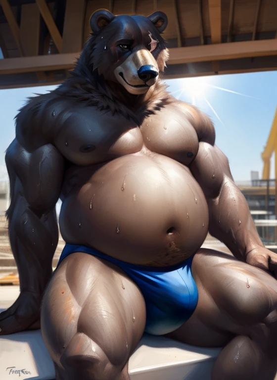 Ben (priceless zone zero), (by Taran Fiddler), (by DarkGem:0.8), (horse like:0.8), Masterpiece, I look at the viewer, Scar, seductive, ((Eyes in the bedroom)), bear, brown wool, wool, Male, (courageous:1.3), full body view, Muscular intestine, ((Background of the construction site, sunlight, Sun rays)), sitting on the concrete, ((sweating, sweaty, sweat)), big belly, detailed speedo, big underwear bulge