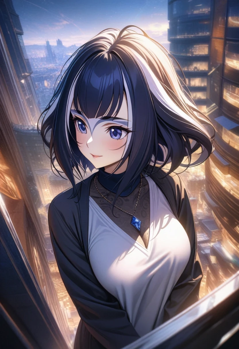 (shylily/(Twich/):1.5),(masterpiece:1.2),(best quality:1.2),best quality，masterpiece，1 busty girl，Messy hair，curly_hair，shirt，Business suits，only，Kangjie，Watches，Necklace，Overlooking the city，8k original image，Ultra-high resolution，Highest detail，complex，8k，High Dynamic Range