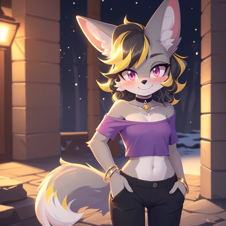best quality, ultra-detailed, cinematic lighting, beautiful lighting, ((Masterpiece)), hi res, detailed, detailed background, vibrant lighting, high quality, cartoon style, 2d, (Mobian:1.1), solo, (((1girl))), (((female))), (((grey jackal))), grey body fur, ((grey medium wavy hair, yellow highlights:1.3)), tail, (((grey tail))), pink eyes, lean body, ((adult)), (((jewelry, shirt, outdoors, pants, crop top, hand in pocket, blush, no sleeves, collarbone, black pants, necklace, cowboy shot, off-shoulder shirt, black choker, off shoulder, purple shirt))), looks at viewers, bright blush, cute smile, soft, standing