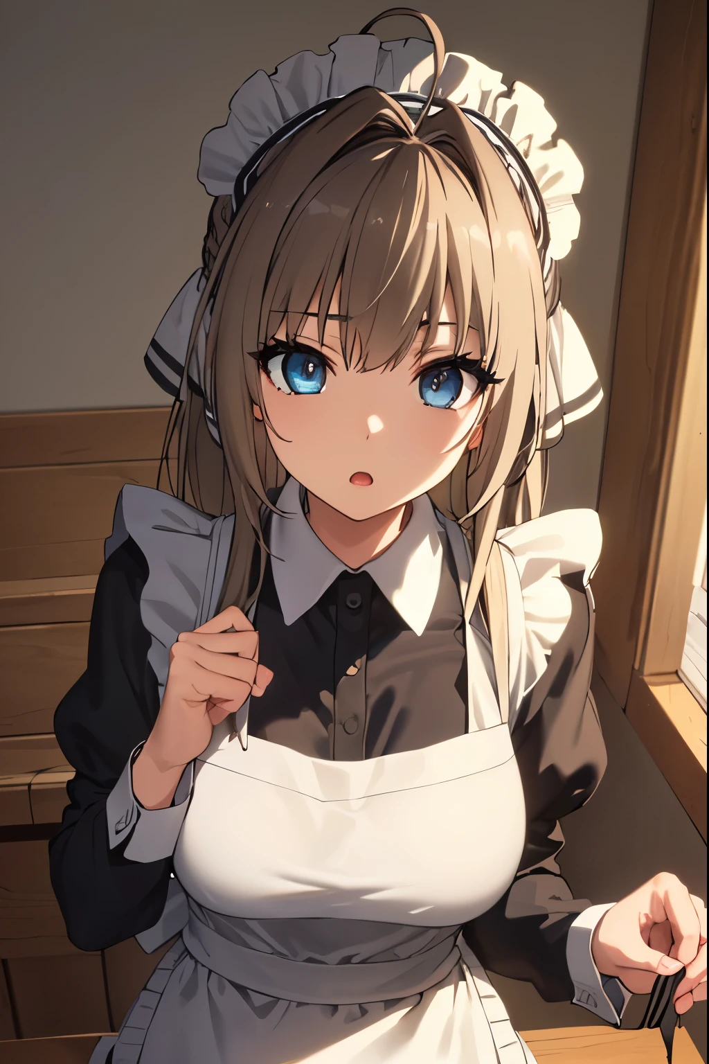 SentoIsuzu,brown hair, brown eyes, long hair, antenna hair, ponytail, hair bow,large breast, BREAK (maid headdress, maid, long sleeves, collared shirt, black shirt, maid apron:1.2), BREAK (masterpiece:1.2), best quality, high resolution, unity 8k wallpaper, (illustration:0.8), (beautiful detailed eyes:1.6), extremely detailed face, perfect lighting, extremely detailed CG, (perfect hands, perfect anatomy),(finely detailed beautiful eyes: 1.2),