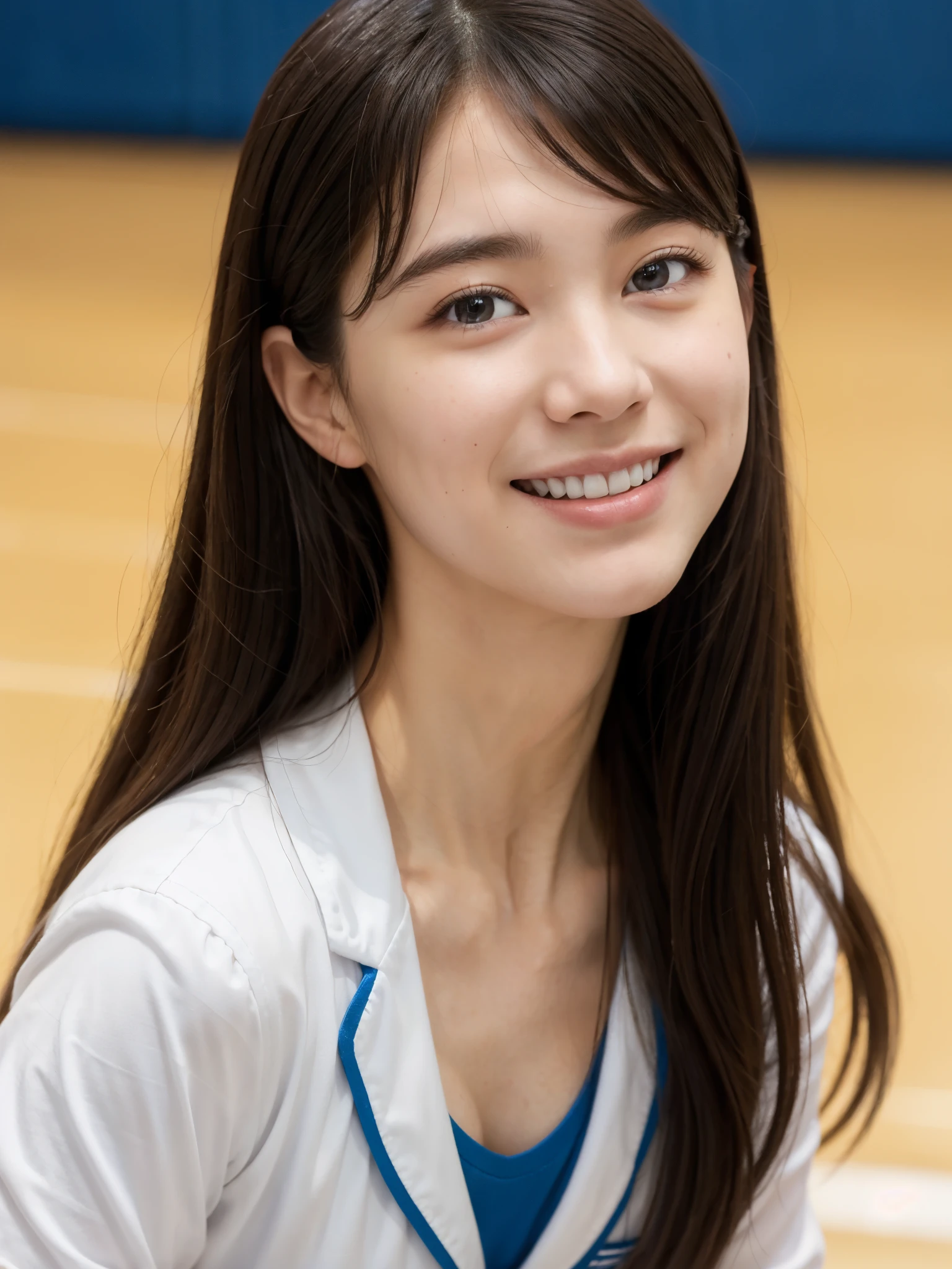 アイドルのようにvery cute、Cute and adorable、16歳のYoung faceのhigh school student少女, Young face、very cute、Smiling Kindly、Live at the high school cultural festival、High School Uniform、High はCleavageが見えるデザイン、Cleavage、Singing on the gymnasium stage、In front of many students、Full body portrait、 Natural light、Accurate、Anatomically correct、Textured skin、Super Detail、 Attention to detail、highest quality、High resolution、Real、realism、Raw photo、Genuine、masterpiece、Guitar Heroine、high school student、Live at the gym