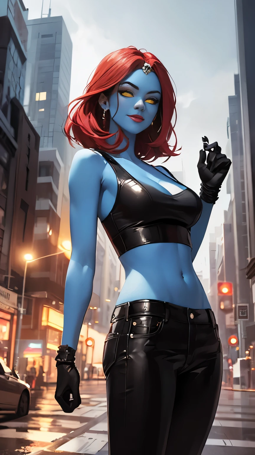 (Highly quality, masterpiece, detailed), night city detailed scenario, night city detailed background, 20 years old girl, solo, mystique, yellow sclera, blue skin, forehead jewel, cleavage, tank top, black shirt, bare shoulders, black gloves, midriff, black pants, evil smile, colored skin, cat eyes, navel, perfect face, beautiful eyes, perfect eyes, looking at the viewer, Sexy pose