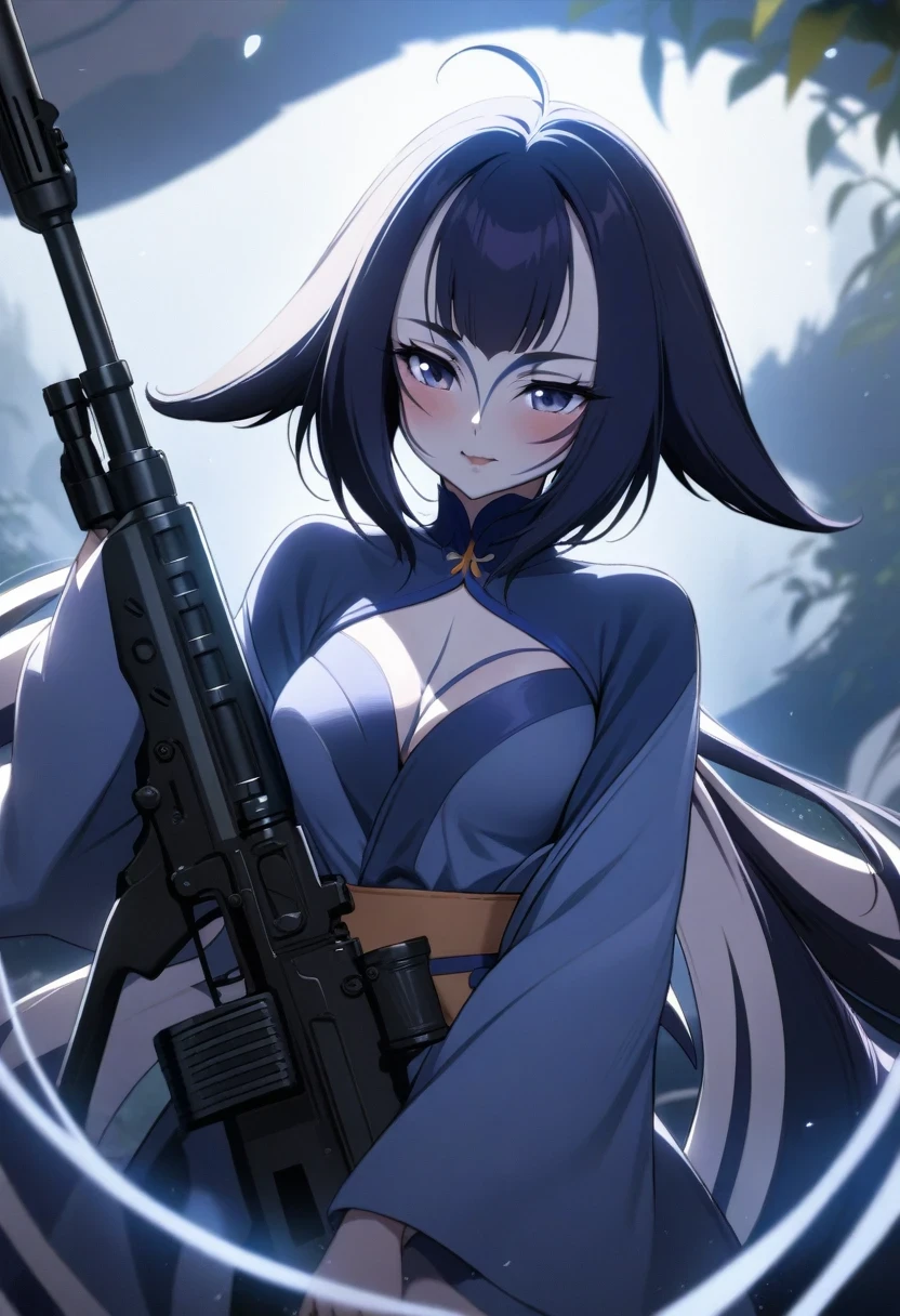 (shylily/(Twich/):1.5),(masterpiece:1.2),(best quality:1.2),(Hold a huge Assault Rifles)、Long sideburns、Beautiful anime style girl all over, Clean and delicate face, network,Similar colors, Glowing Shadows, Beautiful gradient, Depth of Field, Clear images, high quality,Black Parker Clothing、 High Detail, HD, blush, fit, Paradise beauty, Very detailed,smoke,((Assault Rifles))、Sniper、A sniper rifle with a long and thin barrel、Large chest