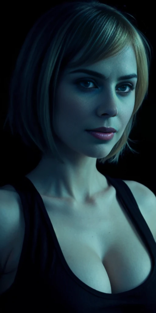 HayleyAtwell face, detailed, full lips, hair blond bob cut, big boob, large breasts, black tank top