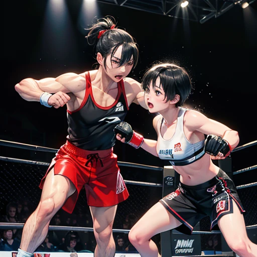 During a match in a mixed martial arts ring、A cute Japanese is punching an opposing female athlete、Short black hair、I'm in a hurry、Slender body、Shortness of breath with open mouth、Very sweaty and wet、Poor body、small bust sports bra、High leg shorts、Open Finger Gloves
