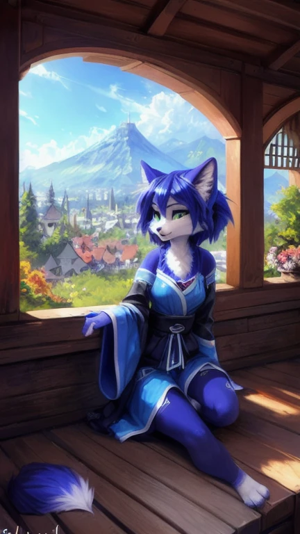 A beautiful and detailed (cute full body portrait) von ((Krystal)), Sternenfuchs Krystal, Schlank, liebenswert, green eyes, medium breasts, (((Lange blaue Haare 1.3))),  ((schwarze haarspitzen)), Dekollete, Grinsen, hoch schauen,, anthro, Pelzig, Hochgeladen E621, detailed flauschige fur, (von Fluff-Kevlar, Bayard Wu, personalami, Pino Daeni), detailliertes Gesicht, (flauschige), 1 girl, Allein, wears a kimono, befindet sich in einem japanischen dorf