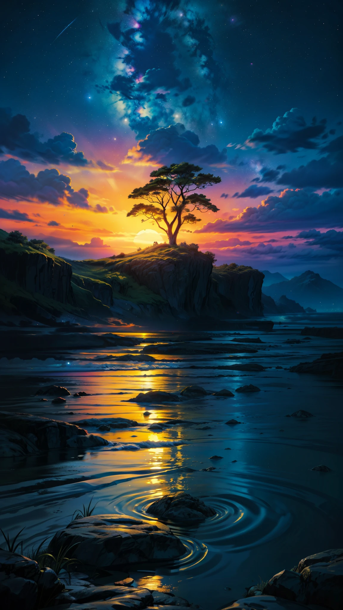 (obra de arte, melhor qualidade:1.2), (high resolution, abstrato:1.1), ultra detalhe, areia dourada e azul, oceano e flores rosas iluminadas na frente ultra detalhadas, galaxy sky with stars and an ultra detailed sunset, uma cascata vindo de um buraco negro