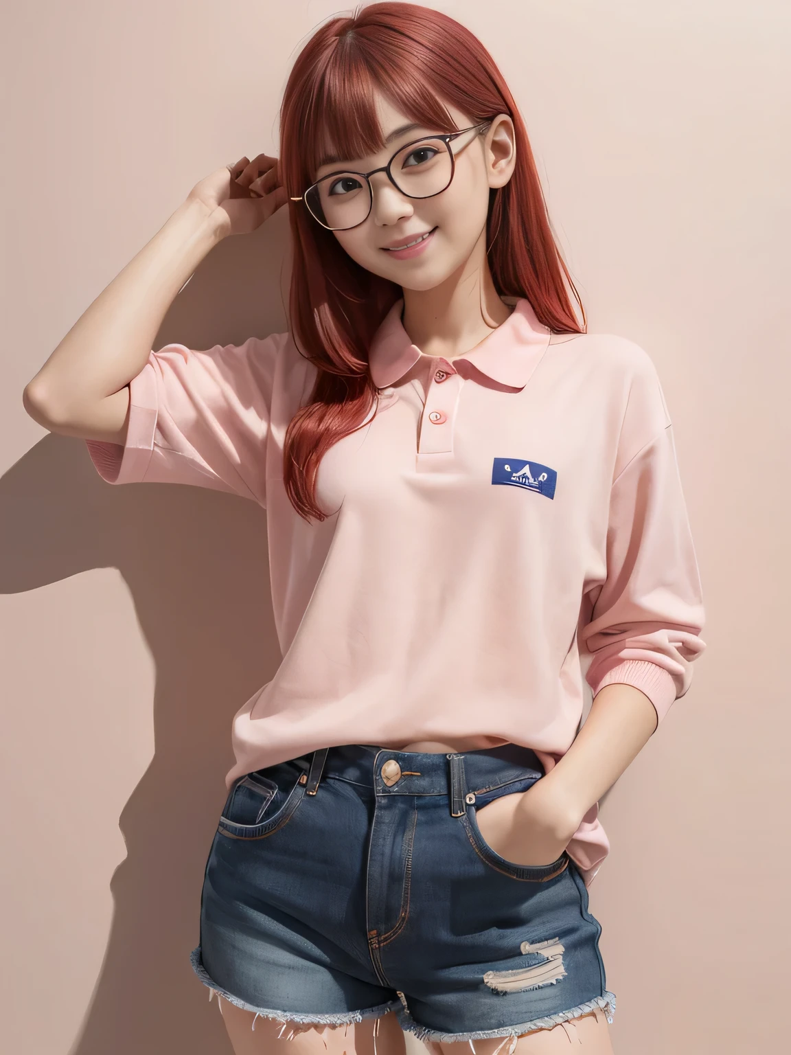 one person、one person、A -yeld hischool girl poses for a photo in a red polo shirt and navy blue shorts.、victory、Tsundere、Wearing thin, round glasses、smile、Saucy、Red Hair、small、Slim girl model photo、body:Female Model、Japanese female fashion model、(8K、Raw photo、Best image quality、masterpiece:1.2)、(Genuine、photoGenuineistic:1.37)、Ultra-high resolution、Ultra-high resolution、Standing position、whole body、((((sexy)))、Pink wall、Shapely small breasts