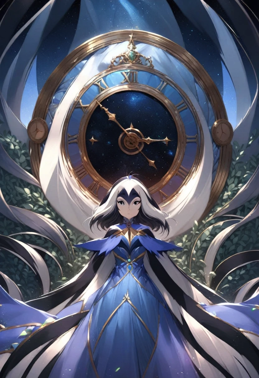(shylily/(Twich/):1.5),(masterpiece:1.2),(best quality:1.2),1 Girl,In a world beyond our own, A girl standing on a clock face, Her gaze was fixed on the vast, Starry Void. This is a place of unimaginable wonders and horrors., The fabric of reality becomes fragile,The laws of physics themselves are being questioned. In the distance, She can see the glimmer of distant stars, Their light flickers like a candle in the endless darkness. But when she looked, Something was moving behind her., A billowing mass of foam and tentacles,Writhing with an almost sentient fury、Boiling. It is a deep sea creature, Terror from the Abyss, and began to regard her as his own. But the girl stood firm, Her eyes are on the stars, Her will is as strong as the clock beneath her feet. Because she knows,In this place of endless possibilities, a cut, Even the most terrible things can be overcome by human power. She just stood there, A beacon of hope in a dark world, A shining star in the sky.