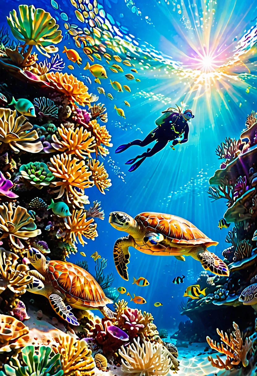 (A diver swims towards a large sea turtle:1.2), lush marine flora, fish, corals, anemones, colourful diversity, turquoise water, sunlight shines brightly on the scenario, God's rays refract on the surface of the water, calm mystical sublime atmosphere, 