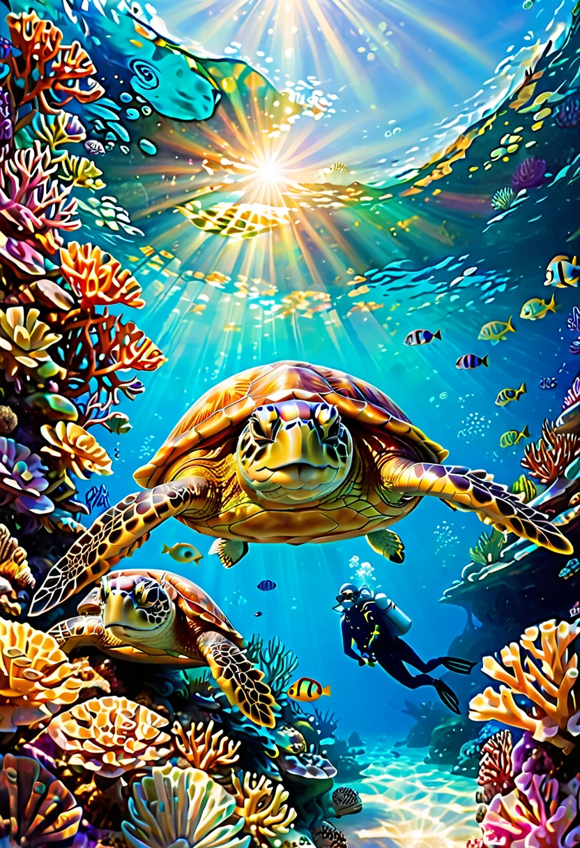 (A diver swims towards a large sea turtle:1.2), lush marine flora, fish, corals, anemones, colourful diversity, turquoise water, sunlight shines brightly on the scenario, God's rays refract on the surface of the water, calm mystical sublime atmosphere,