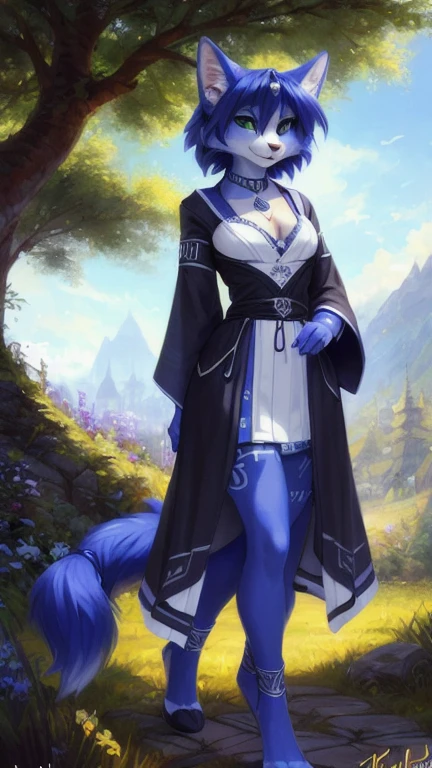 A beautiful and detailed (cute full body portrait) von ((Krystal)), Sternenfuchs Krystal, Schlank, liebenswert, green eyes, medium breasts, (((Lange blaue Haare 1.3))), ((schwarze haarspitzen)), Dekollete, Grinsen, hoch schauen,, anthro, Pelzig, Hochgeladen E621, detailed flauschige fur, (von Fluff-Kevlar, Bayard Wu, personalami, Pino Daeni), detailliertes Gesicht, (flauschige), 1 girl, Allein, wears a kimono, befindet sich in einem japanischen dorf