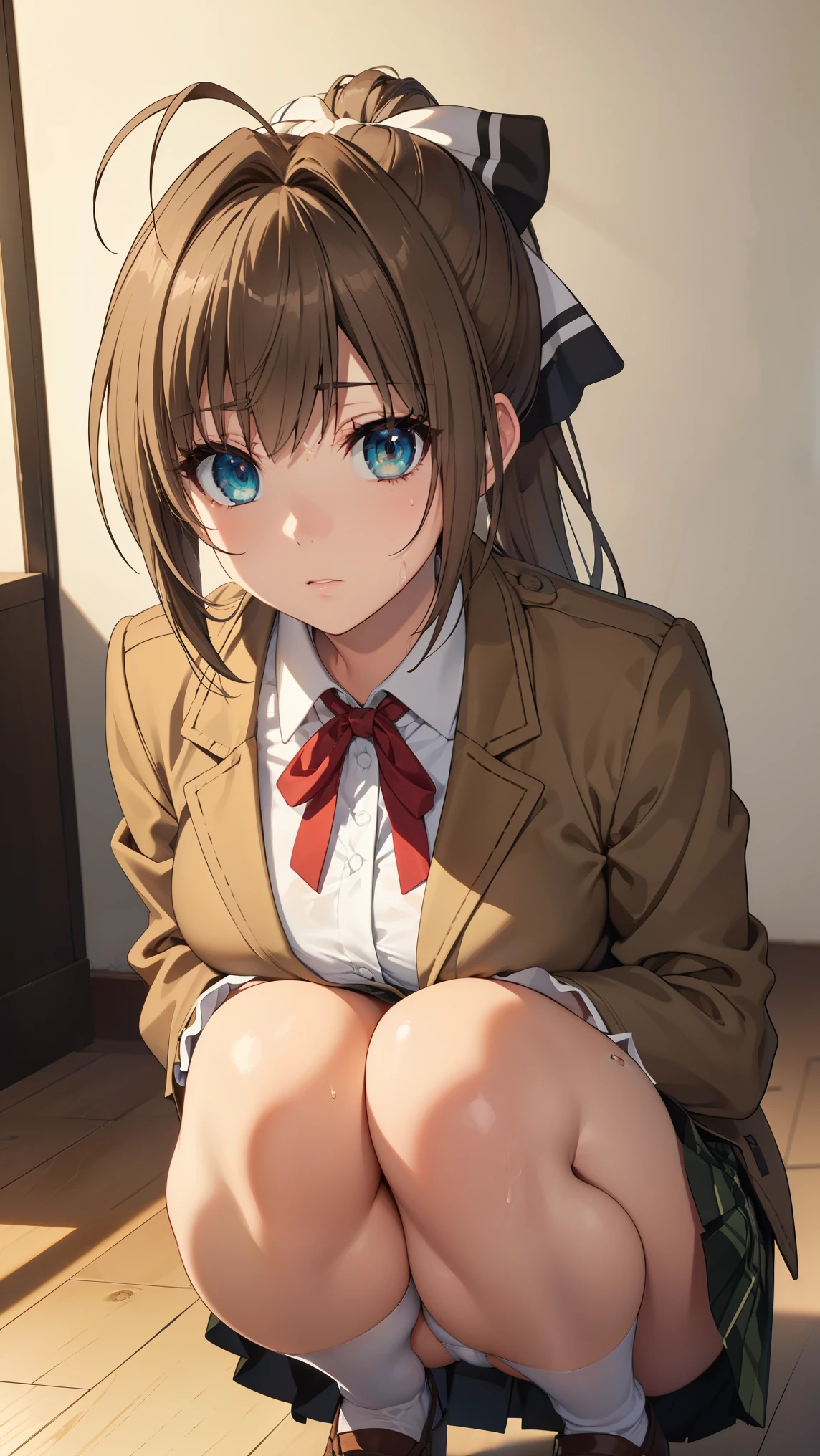SentoIsuzu,brown hair, brown eyes, long hair, antenna hair, ponytail, hair bow,large breast,
BREAK (brown_jacket,White collared shirt, Green_pleated_skirt,, red ribbon:1.2),
BREAK indoors, clinic,
BREAK is on the whole body、The whole body is dirty with yogurt、peeing herself、One woman pulling up her skirt、Wet、Heart and white panties、crouching down,
BREAK (masterpiece:1.2), best quality, high resolution, unity 8k wallpaper, (illustration:0.8), (beautiful detailed eyes:1.6), extremely detailed face, perfect lighting, extremely detailed CG, (perfect hands, perfect anatomy),