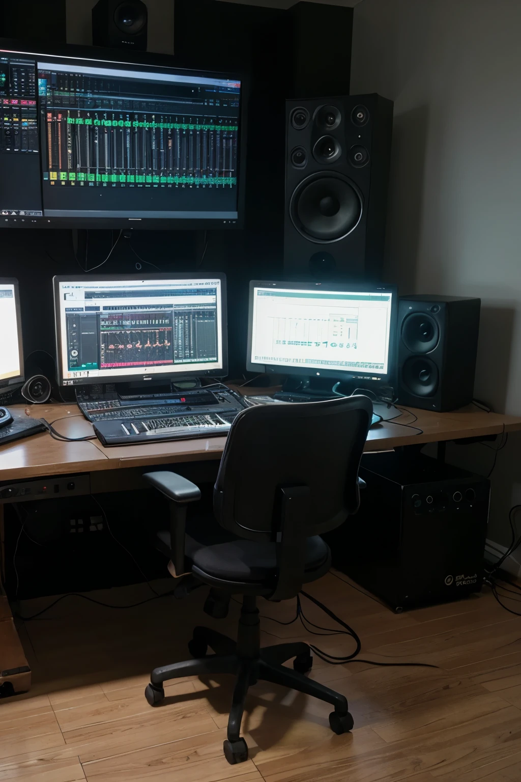 Music Studio, focando a mesa de som e monitores com as luzes neon de fundo