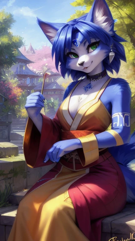 A beautiful and detailed (cute full body portrait) von ((Krystal)), Sternenfuchs Krystal, Schlank, liebenswert, green eyes, medium breasts, (((Lange blaue Haare 1.3))), ((schwarze haarspitzen)), Dekollete, Grinsen, hoch schauen,, anthro, Pelzig, Hochgeladen E621, detailed flauschige fur, (von Fluff-Kevlar, Bayard Wu, personalami, Pino Daeni), detailliertes Gesicht, (flauschige), 1 girl, Allein, wears a kimono, befindet sich in einem japanischen dorf