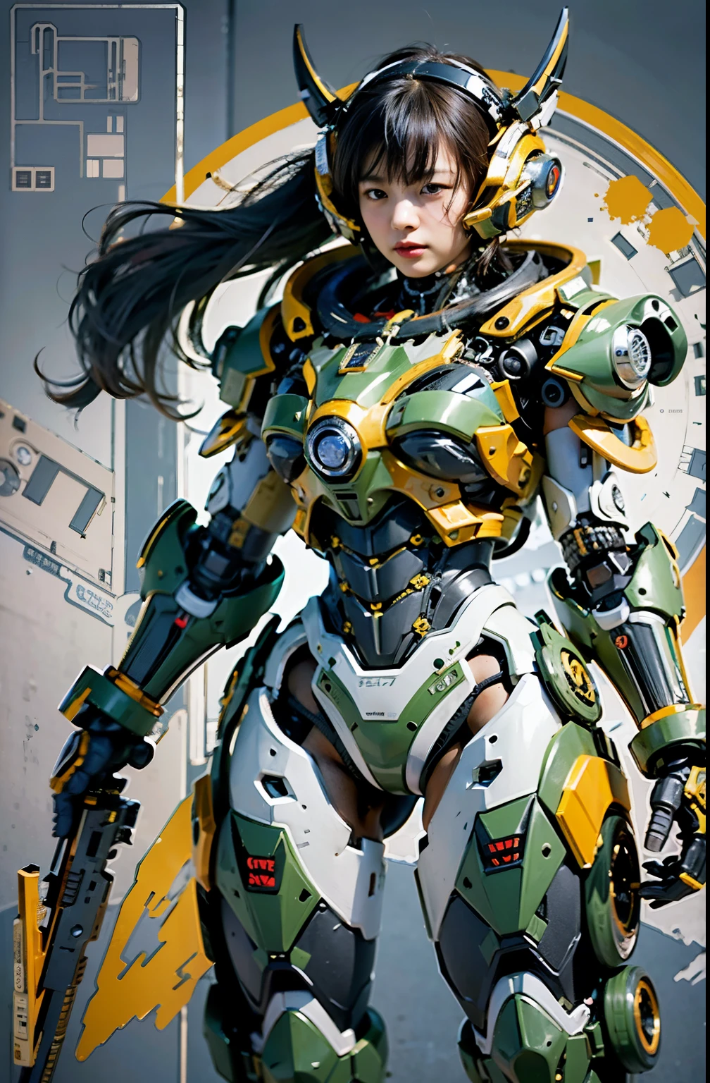 (masterpiece, highest quality:1.2), (8K Ultra HD, 16k, 32k, Ultra-high resolution), (Realistic:1.37), (RAW Photos), Ultimately realistic, Ultimately realistic details, Ultimately realistic texture, Ultimate in exquisite detail, Ultimately realistic lighting, Ultimately realistic shadow, Japanese Girls, Extremely cute face, Ultimate RAW Skin, Ultimately realistic eyes, (mechanical:1.4),  (armor), whole body, Wide Shot