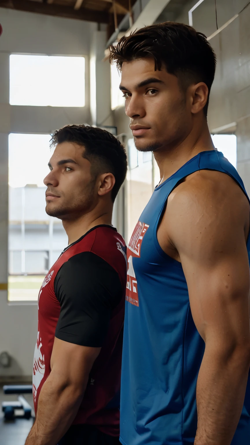 two men standing in a gym, com camiseta, bermuda, serious face, apenas parte superior do corpo, paleta de cor vermelha