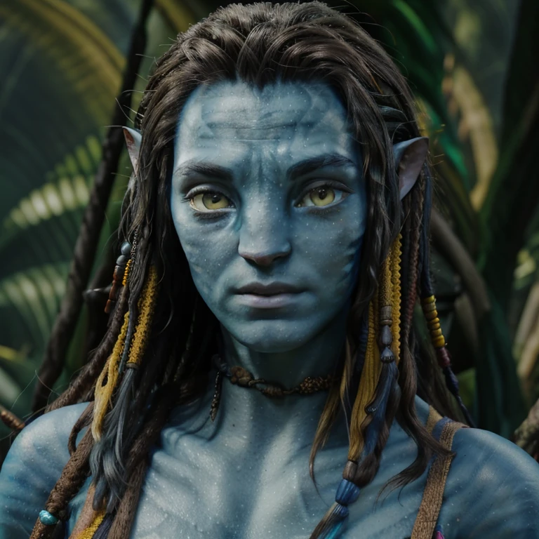 avatar style, portrait:1.6, 1boy, male, naavi, (AvSpider), (blue skin tone:1.0), (long hair:1.0), dreadlocks, black hair color, (yellow eyes), pointy ears, (young adult), 18 years old:1, face wrinkles, wearing tribal clothing, detailed eyes, toned body, muscled body, vibrant colors, glowing, ethereal atmosphere, surrealistic dreamy lighting, textured skin, otherworldly beauty, mesmerizing photography, (best quality, highres), vivid colors, ultrarealistic, skin details, striped skin, sfw, face close-up:0.5, ultradetailed body