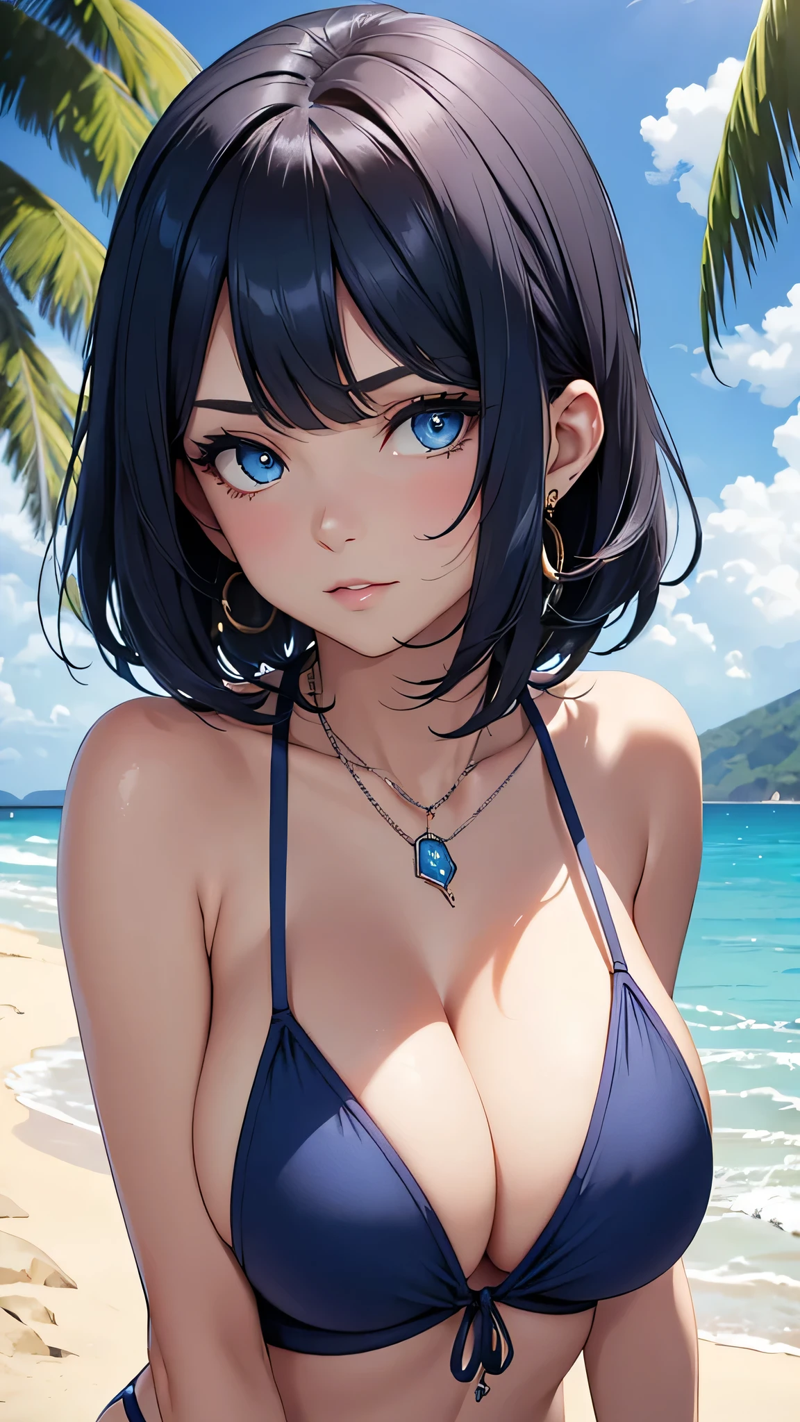 beauty,Dark blue short hair(Inward Curling Bob) ,blue eyes,Navy Blue Bikini、Big cleavage、(Big Breasts)、Embarrassed look、blue necklace、blue earrings、background(Beach)、High angle
