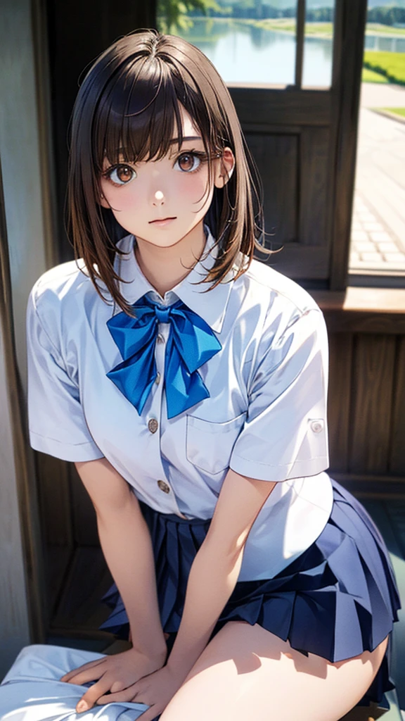 (masterpiece:1.2, highest quality), (Realistic, photoRealistic:1.4), Beautiful illustrations, (Natural Side Lighting, Cinema Lighting), View your audience, 1 girl, Japanese, Junior high school girl, 12 years old, Perfect Face, cute and symmetrical face, Shiny skin, thin, (Middle Hair:1.2, Half Up:1.4, Light brown hair), Asymmetrical bangs, Brown eyes, Long eyelashes, (Medium Chest:0.7), Beautiful Hair, Beautiful Face, Beautiful details, Beautiful clavicle, Beautiful body, Beautiful breasts, Beautiful thighs, Beautiful legs, Beautiful fingers, ((Detailed cloth texture, Short sleeve white collar shirt, Blue pleated mini skirt, Blue bow tie)), (Beautiful views), evening, (River side), Are standing, (cute, cute笑顔, Upward glance),