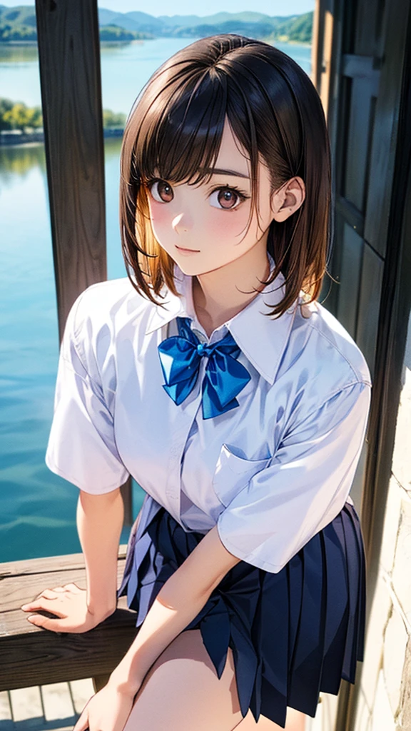 (masterpiece:1.2, highest quality), (Realistic, photoRealistic:1.4), Beautiful illustrations, (Natural Side Lighting, Cinema Lighting), View your audience, 1 girl, Japanese, Junior high school girl, 12 years old, Perfect Face, cute and symmetrical face, Shiny skin, thin, (Middle Hair:1.2, Half Up:1.4, Light brown hair), Asymmetrical bangs, Brown eyes, Long eyelashes, (Medium Chest:0.7), Beautiful Hair, Beautiful Face, Beautiful details, Beautiful clavicle, Beautiful body, Beautiful breasts, Beautiful thighs, Beautiful legs, Beautiful fingers, ((Detailed cloth texture, Short sleeve white collar shirt, Blue pleated mini skirt, Blue bow tie)), (Beautiful views), evening, (River side), Are standing, (cute, cute笑顔, Upward glance),