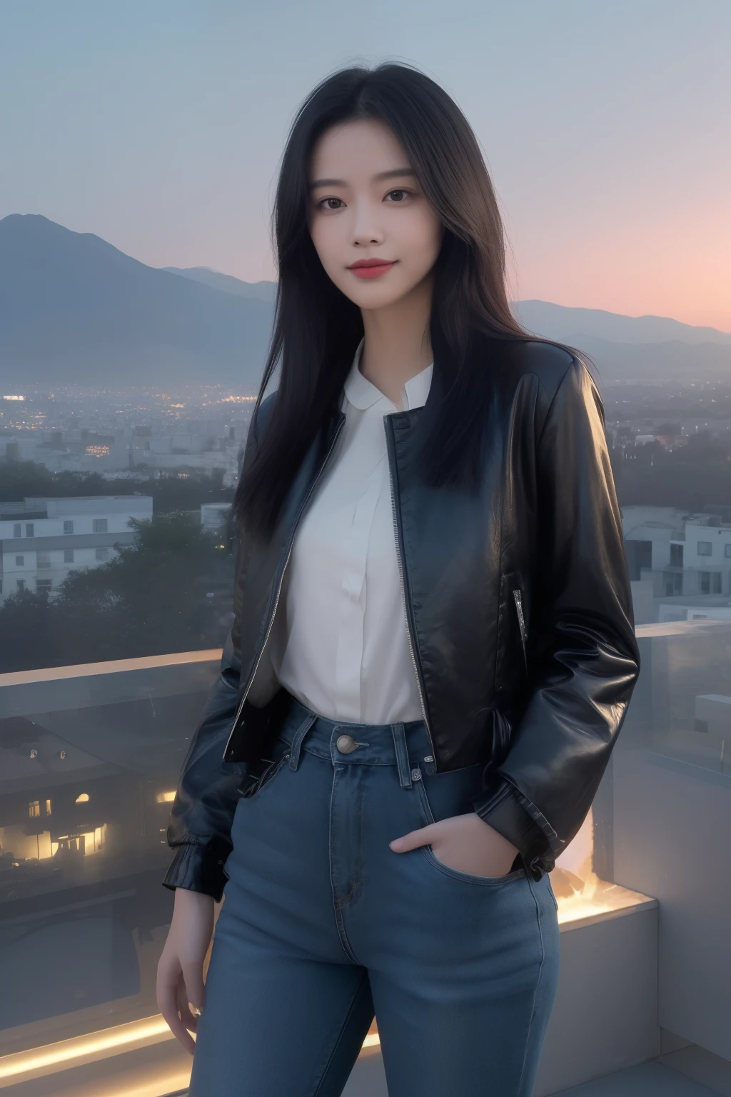 (masterpiece), Close Range，High Detail, high quality, Reality, Super detailed, Realistic skin texture, Perfect face, Elegant girl,Put your hands in your pockets，Smile, (Full details Tuxedo leather jacket，Skinny jeans，reflected light, Silver trim), White neon light, silver light, luminescent, Full lips, Glossy lips, Light makeup, hourglass body shape, Willow Waist, (Feel free to hairstyle, Expressive hair, Shiny hair, luminescent hair,black hair, (dusk sky, Mountain network construction,On the roof, Sunset Lights, cloud, Floating Island，There are many types of network architectures，Sci-fi background, High Detail background), Fantasy Art, high quality detailed art, A colorful combination of fantasy and reality, Internet Art Style, A beautiful fantasy smart girl, charming, Black and white color scheme, Standing ,Looking down from above，You can see the city below,