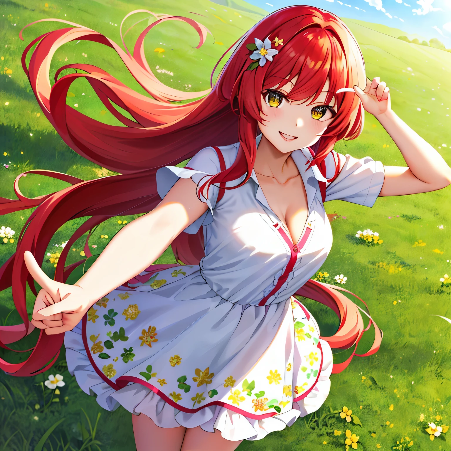 lacus4, (1girl, Solo, red long hair, cute smile, 4K, Best Quality, Anime style: 1.9, happy, Female, (ultra detailed head), (playful pose, green grass background), Drawing lines, high resolution, lacus4), 1girl, Solo, Red hair, Cute smile,
(Detailed wavy hair, Hair Ornament, Shiny red hair, Streaks of sunlight, Slim face, Bright eyes), (cleavage covered, blouse button open, showing collarbone), (Pointing finger to cheek, playful expression),
(Wearing flowers in hair, dress with floral print, Leg