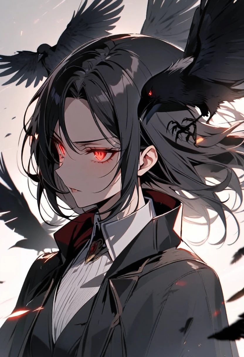 woman, vest, black cloak, red eyes, black hair, crow, glowing eyes, parted bangs