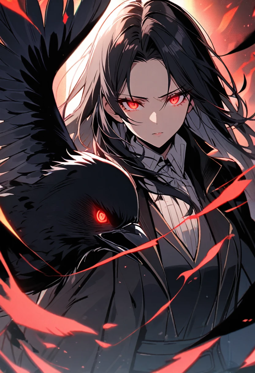 woman, vest, black cloak, red eyes, black hair, crow, glowing eyes, parted bangs