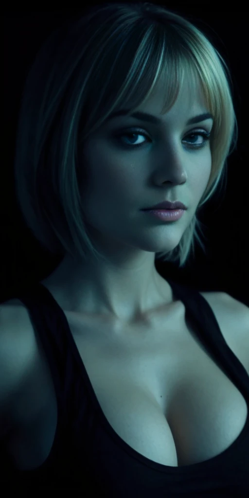 JennaColeman face, detailed, full lips, hair blond bob cut, big boob, large breasts, black tank top