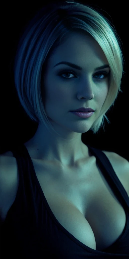 JennaColeman face, detailed, full lips, hair blond bob cut, big boob, large breasts, black tank top