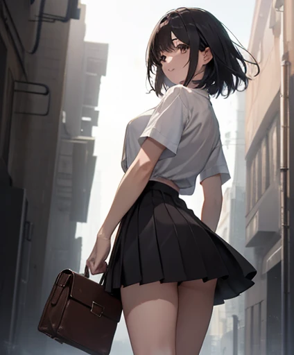 masterpiece, highest quality, Ultra-high resolution, Highest Resolution, Very detailed, Professional Lighting, Gray Light Lighting、Low angle from below、Modern old townscape、Blowing steam into the landscape、Fog in the landscape、It was foggy、Beautiful woman, Small Face、White skin、very cute、、Bright smile、(Black Hair、Mash Short)、(White short-sleeved shirt with an open chest)、Long, slender legs、Beautiful hip line、Beautiful spine、My back is hunched、Tight waist、Black underwear、JK black skirt 、Tight pleated skirt、Hip line emphasis、Black socks、Brown eyes,Face is a little red, Beautiful breasts、Her chest is an A cup、Perfect hands、Shoes are loafers
