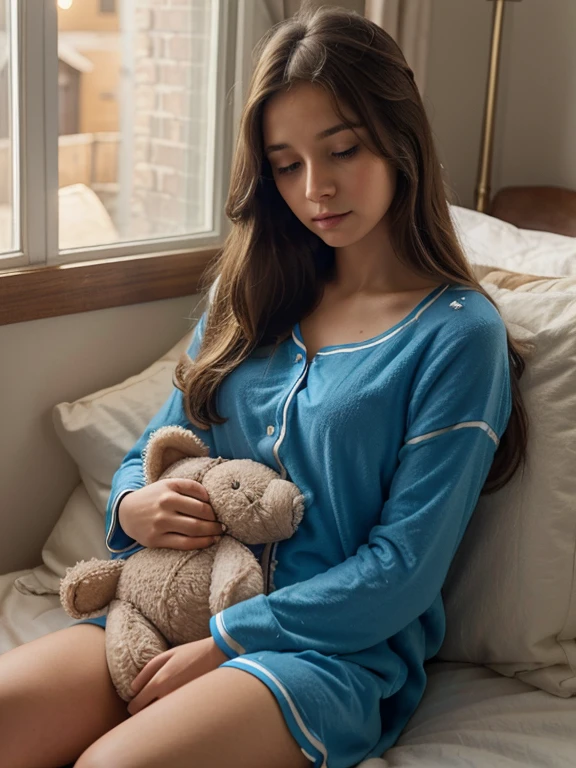 A girl with brown long and straight hair is wearing a blue children's style pajama. She is peacefully falling asleep while holding a teddy bear. The scene is depicted using digital art medium with the best quality and high resolution. The atmosphere is peaceful with soft lighting and bright colors.