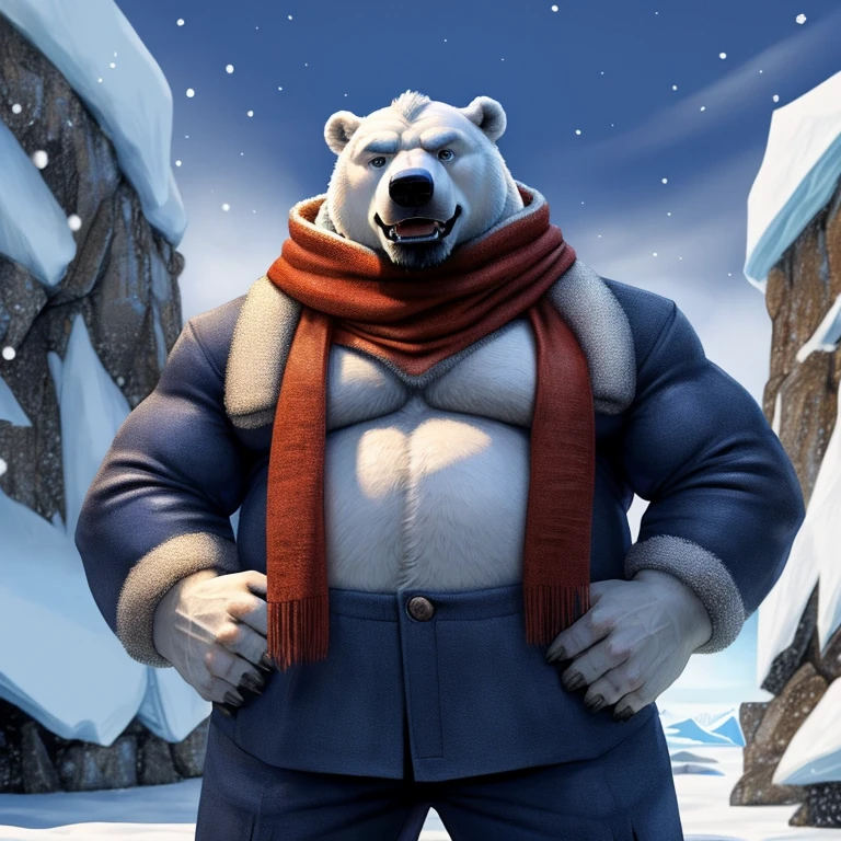 ((Polar Bear)), white teeth, ((standing)), saliva, (((white)) furred body)), ((dominant)), ((intimidating)), dilf, Daddy, father figure, mature male, hunk, pecs, ((crotch focus)), ((Antarctica)), ((very detailed background)), ((very detailed lighting)), ((very detailed hands)), ((well drawn hands)), ((very detailed crotch)), ((very detailed fur texture)), ((very detailed)), very high resolution, very high quality, ((winter fur coat)), ((very detailed clothing)), ((winter scarf)), ((winter pants))